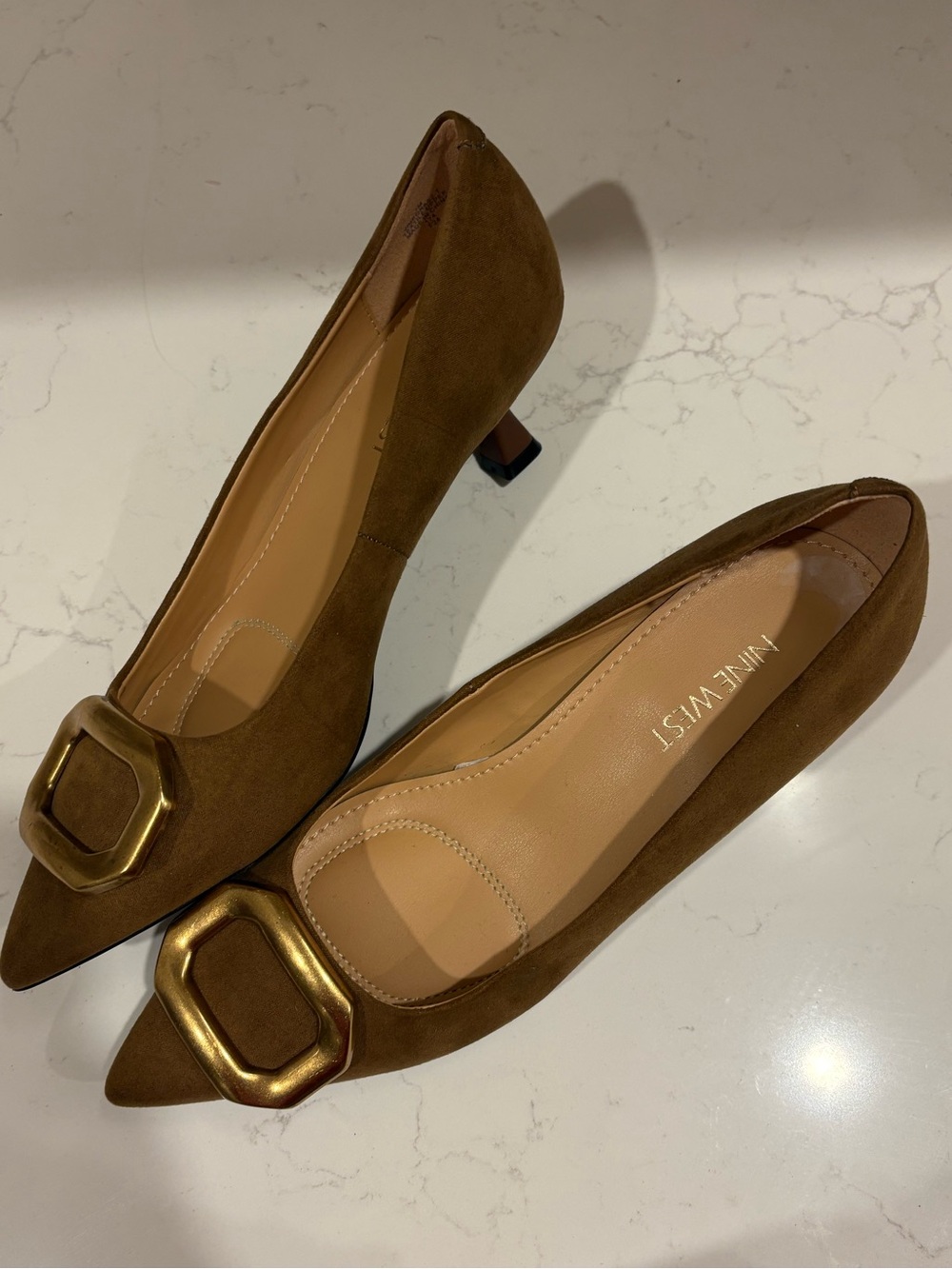 Nine West Suede Pointed-Toe Kitten Brown Heel Pumps with Gold Buckle